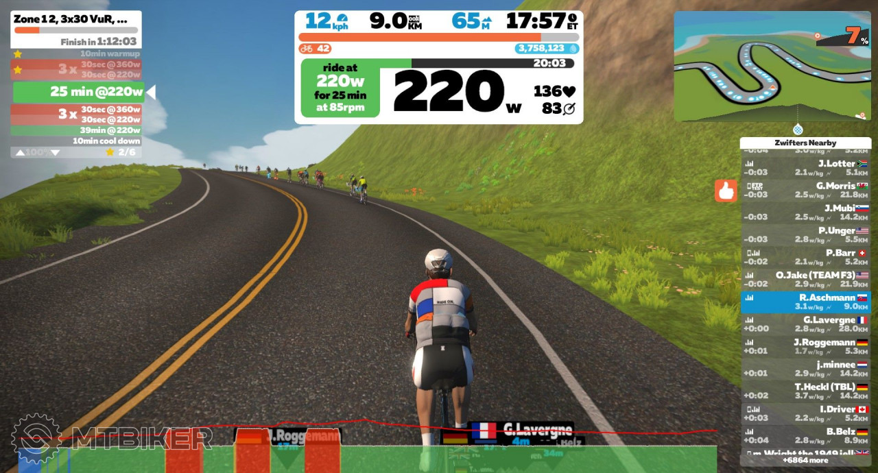 Trenažér - Zwift - Watopia - PROefekt Zone 1 2, 3x 30sek. VuR, IO25 ...