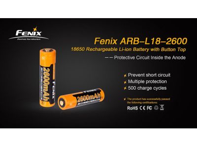 Fenix 18650 rechargeable battery, 2600 mAh, (Li-Ion)