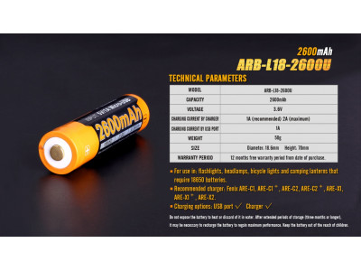 Baterie USB reîncărcabilă Fenix ​​​​18650 2600 mAh (Li-ion).