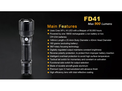Lanterna de focalizare Fenix ​​​​FD41 + baterie USB 2600 mAh