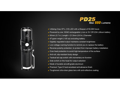 Fenix LED flashlight PD25 + USB battery 700 mAh