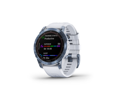 Garmin Fēnix 7 Sapphire Solarny zegarek GPS, mineralny niebieski tytan, pasek Whitestone