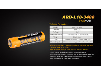 Fenix rechargeable battery 18650 3400mAh (Li-Ion)