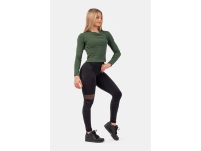 NEBBIA Ribbed women&#39;s t-shirt with long sleeves, dark green