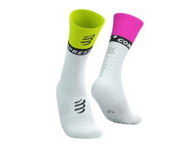 COMPRESSPORT Mid Compression V2.0 ponožky, White/Safe Yellow/Neo Pink