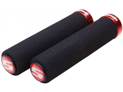 SRAM Locking foam grips, 129 mm black with one red sleeve and handlebar ends