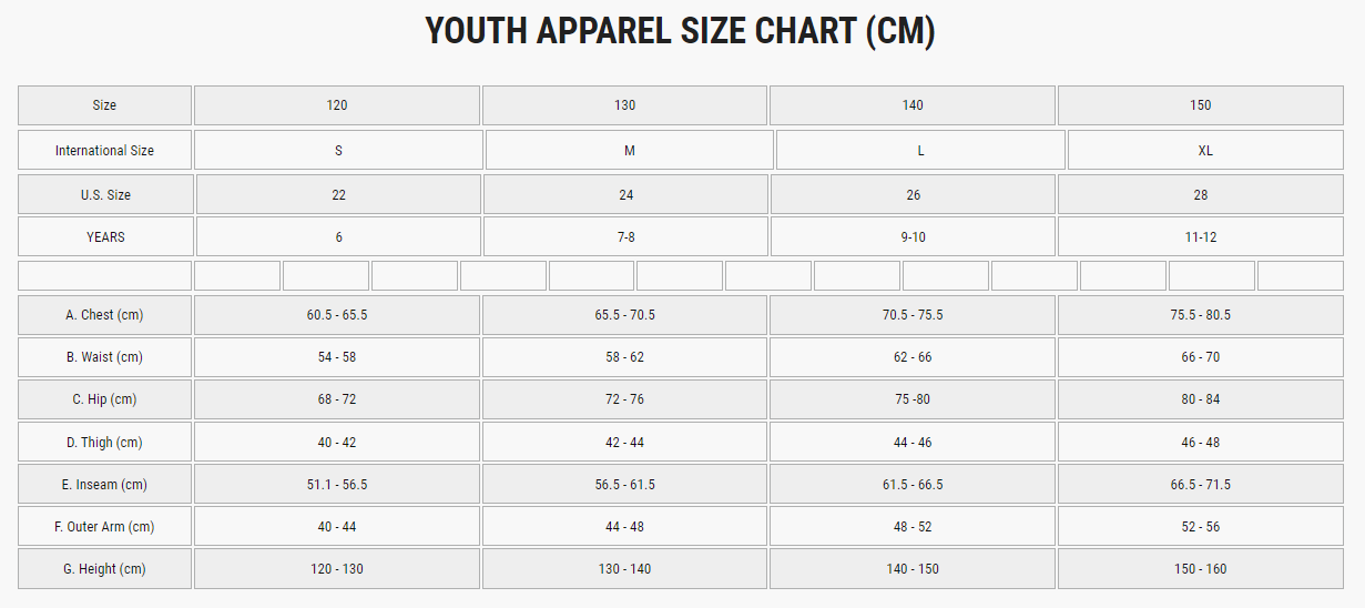 Youth apparel size chart